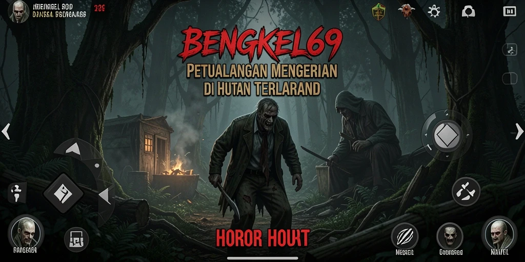 Antarmuka permainan BENGKEL69 yang menegangkan di dalam hutan terlarang.