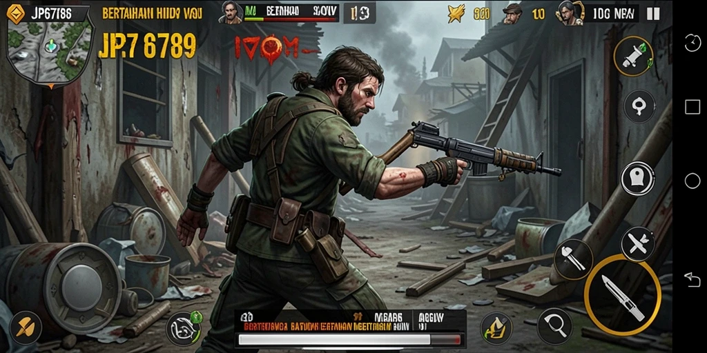 Antarmuka gameplay JP6789 menunjukkan berbagai elemen bertahan hidup.