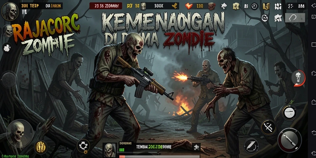 Tampilan permainan RAJACORC dengan aksi tembak zombie yang mendebarkan.