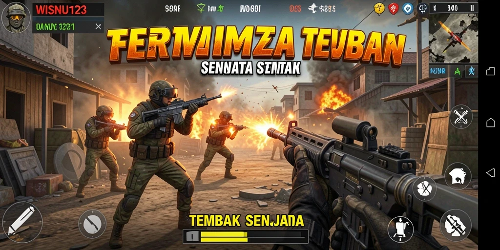 Tampilan antarmuka utama game WISNU123 dengan fitur Tembak Senjata.